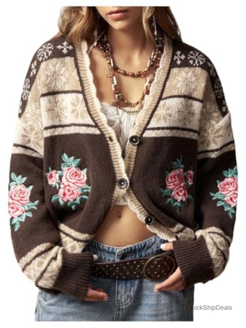 Oversized Floral Embroidered Fair Isle Cardigan Button Up V Neck Sweater